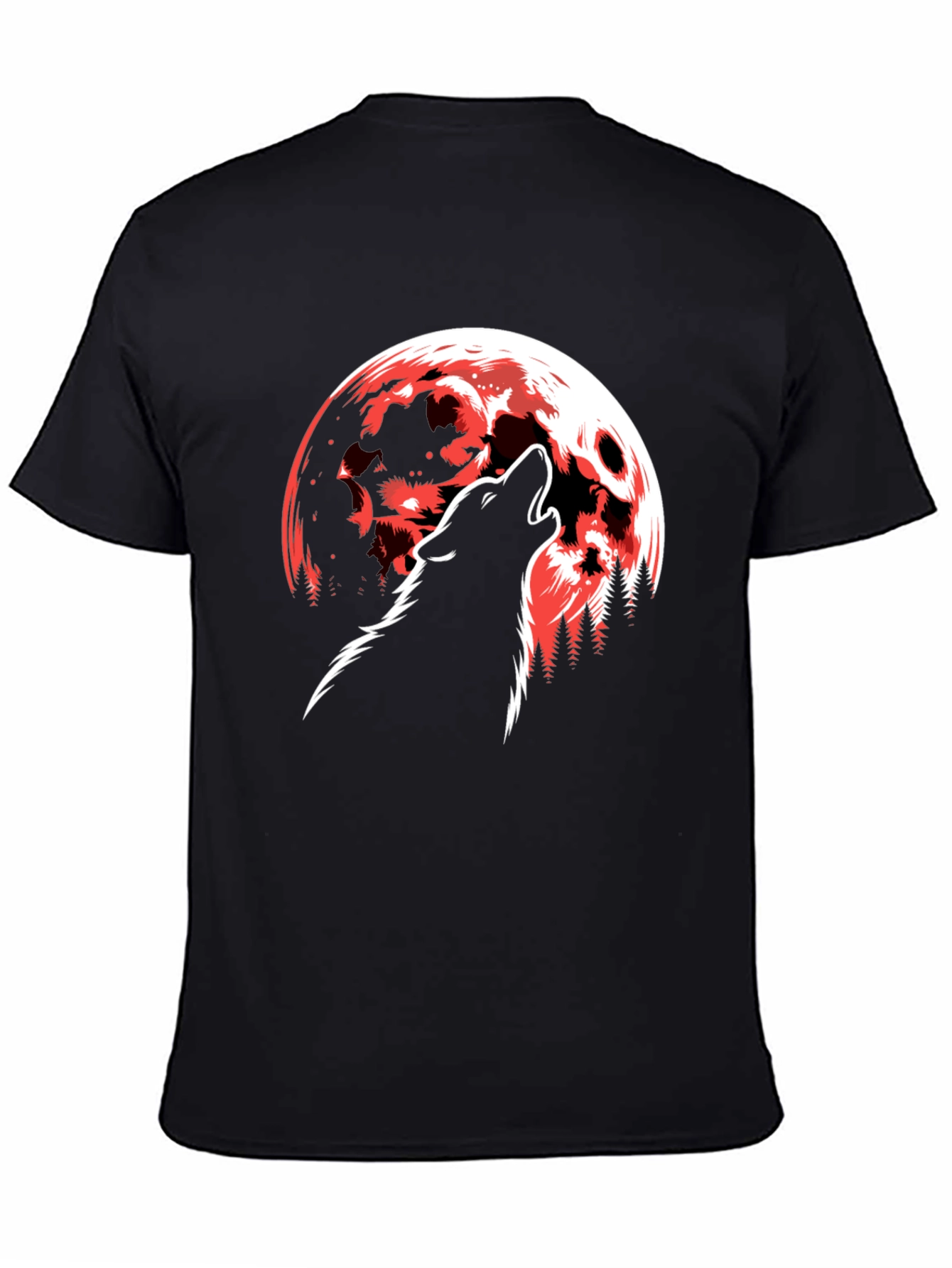 Wolf Howling at Red Moon Graphic T-Shirt - Black