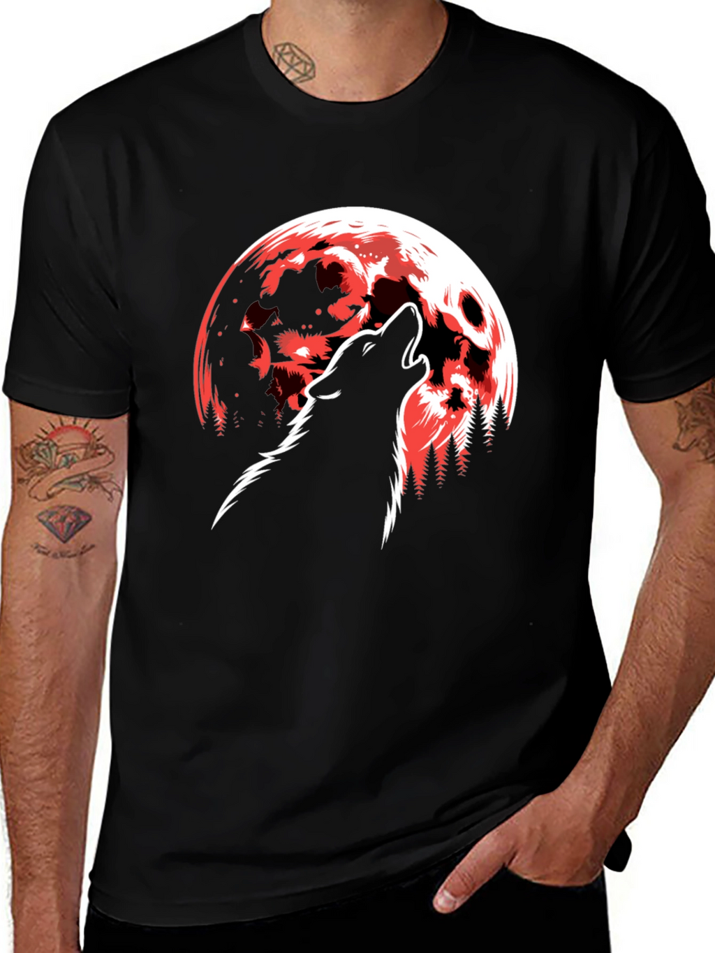 Wolf Howling at Red Moon Graphic T-Shirt - Black