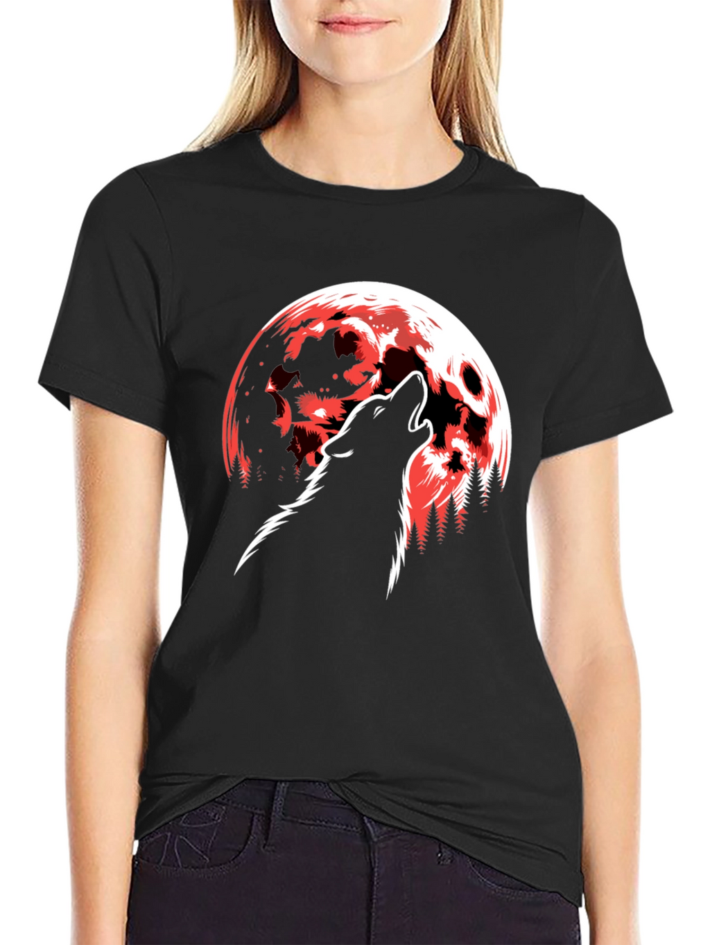 Wolf Howling at Red Moon Graphic T-Shirt - Black