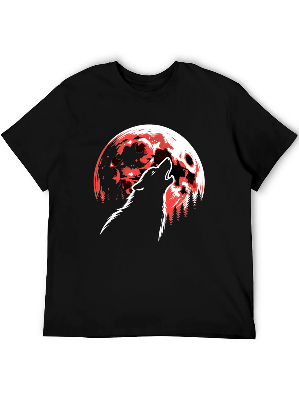 Wolf Howling at Red Moon Graphic T-Shirt - Black
