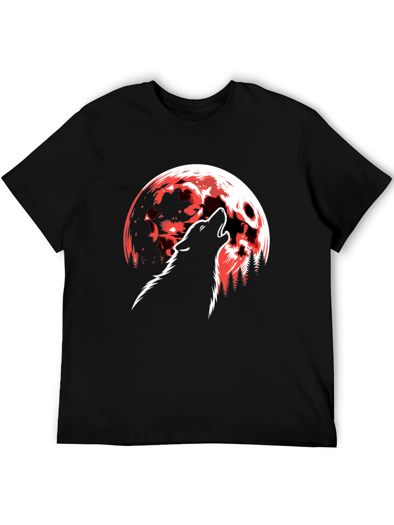 Wolf Howling at Red Moon Graphic T-Shirt - Black