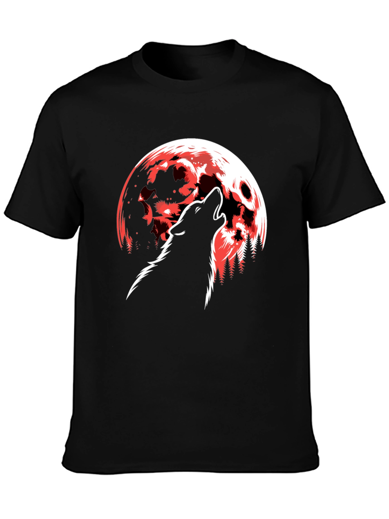 Wolf Howling at Red Moon Graphic T-Shirt - Black