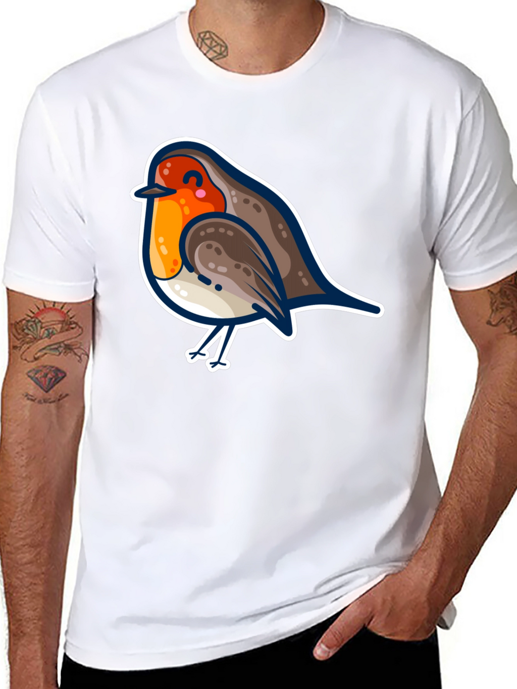 Cute Robin Bird Graphic Tee - Black Cotton T-Shirt