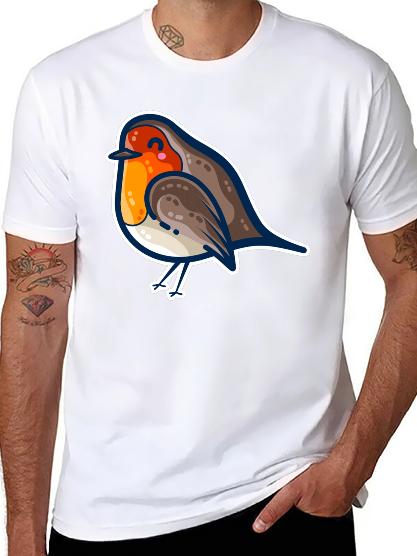 Cute Robin Bird Graphic Tee - Black Cotton T-Shirt