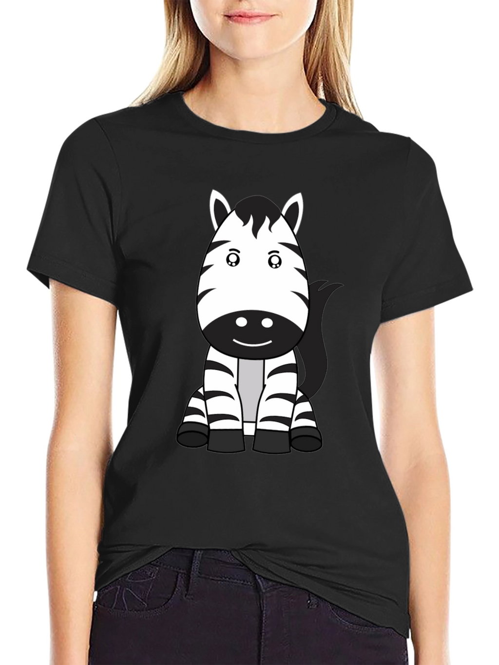 Cute Zebra Cartoon Black T-Shirt