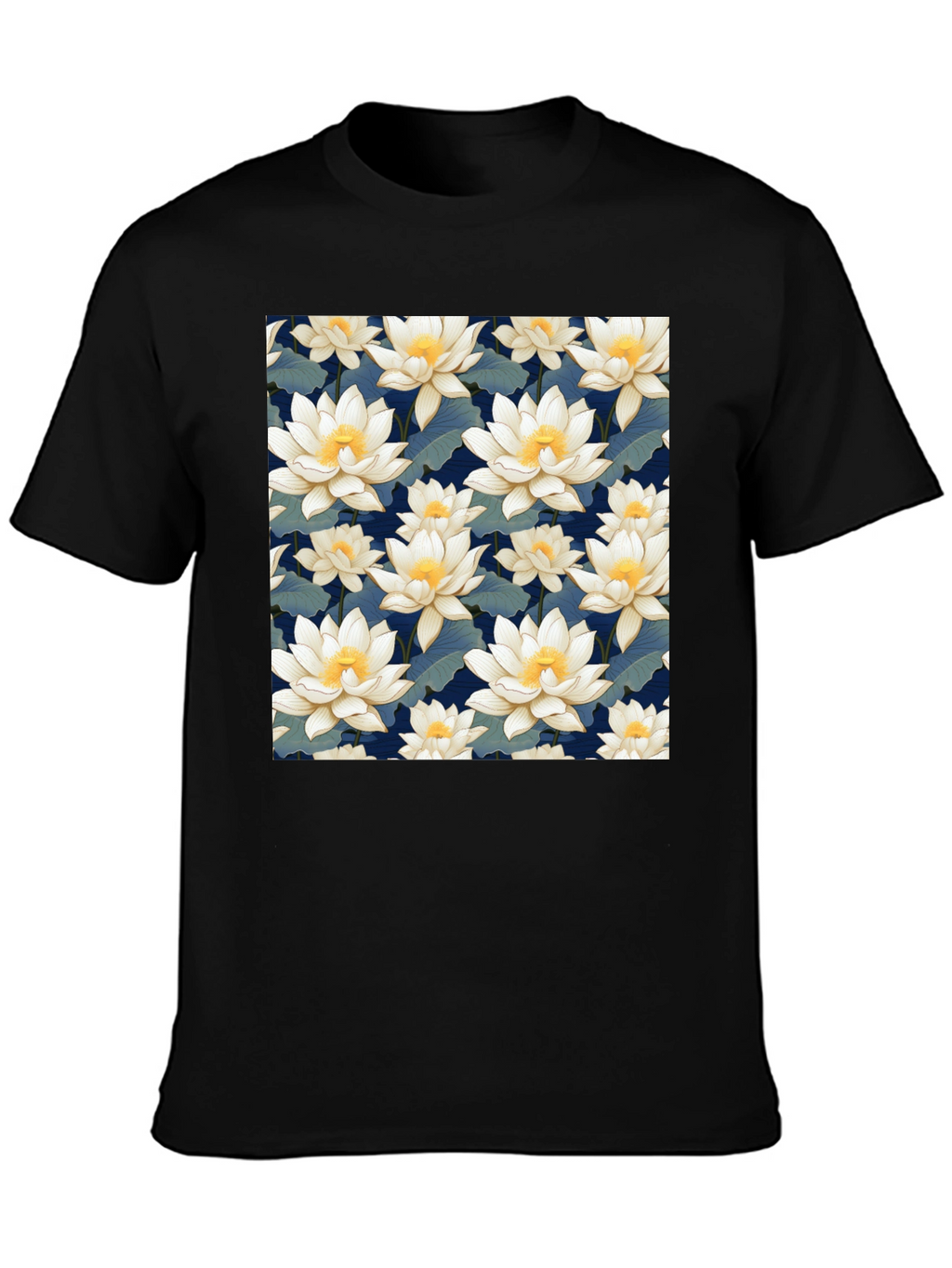 Floral Lotus Patterned Black T-Shirt