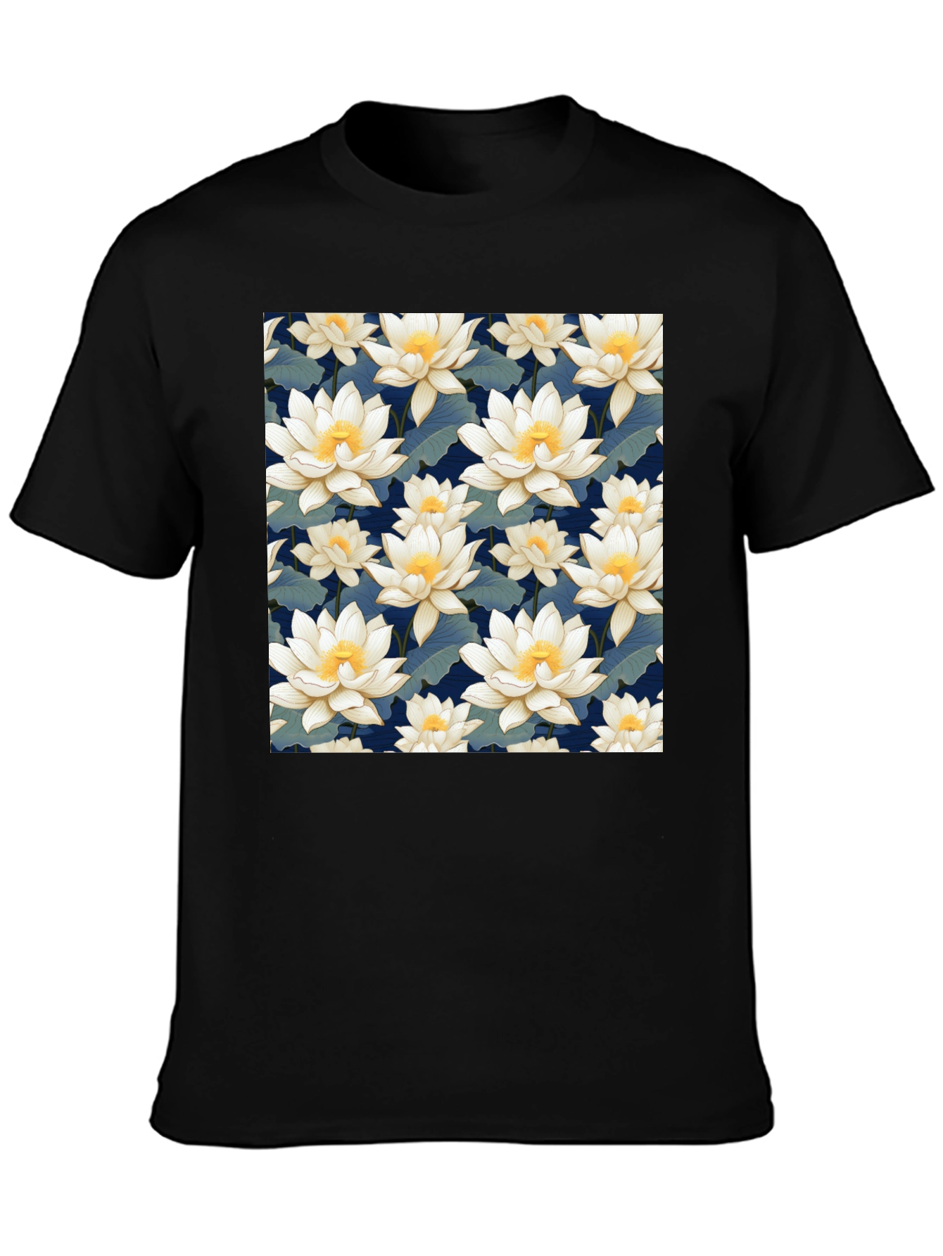Floral Lotus Patterned Black T-Shirt