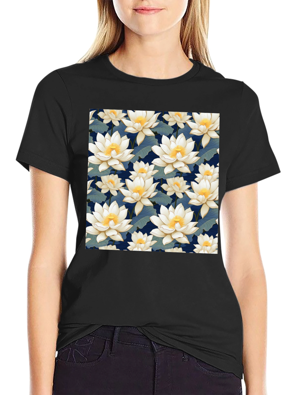 Floral Lotus Patterned Black T-Shirt