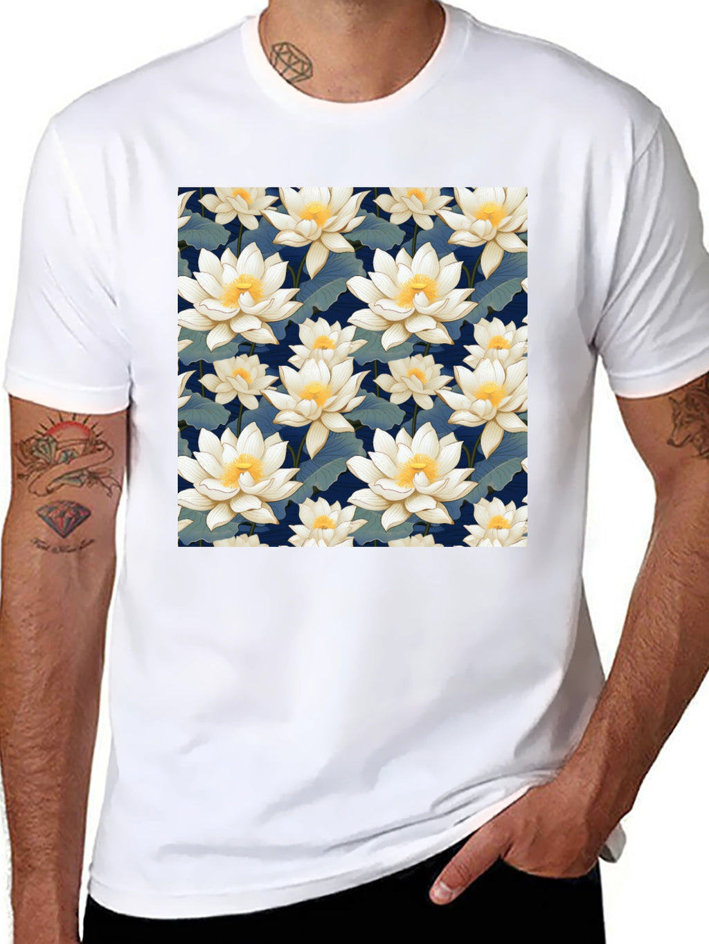 Floral Lotus Patterned Black T-Shirt