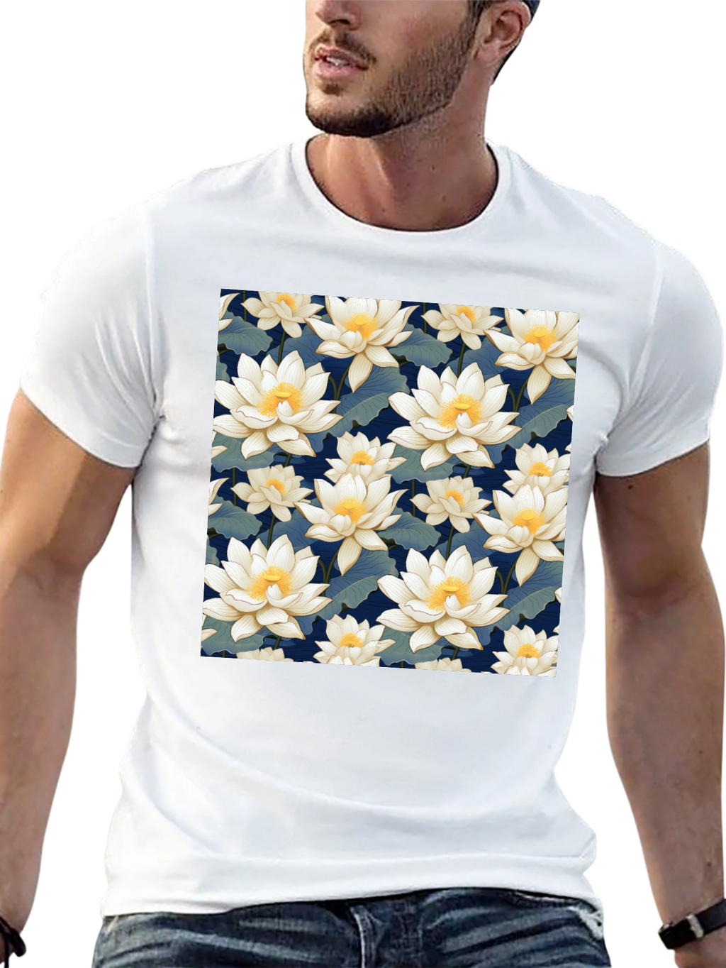 Floral Lotus Patterned Black T-Shirt