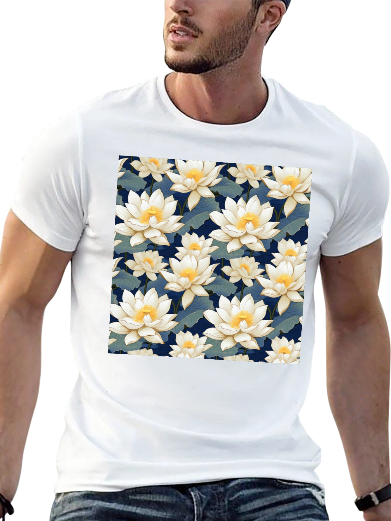 Floral Lotus Patterned Black T-Shirt