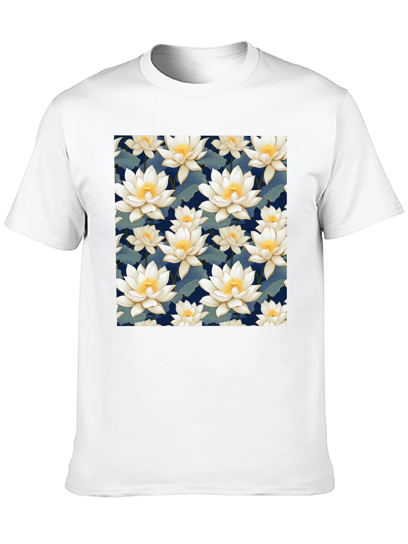 Floral Lotus Patterned Black T-Shirt