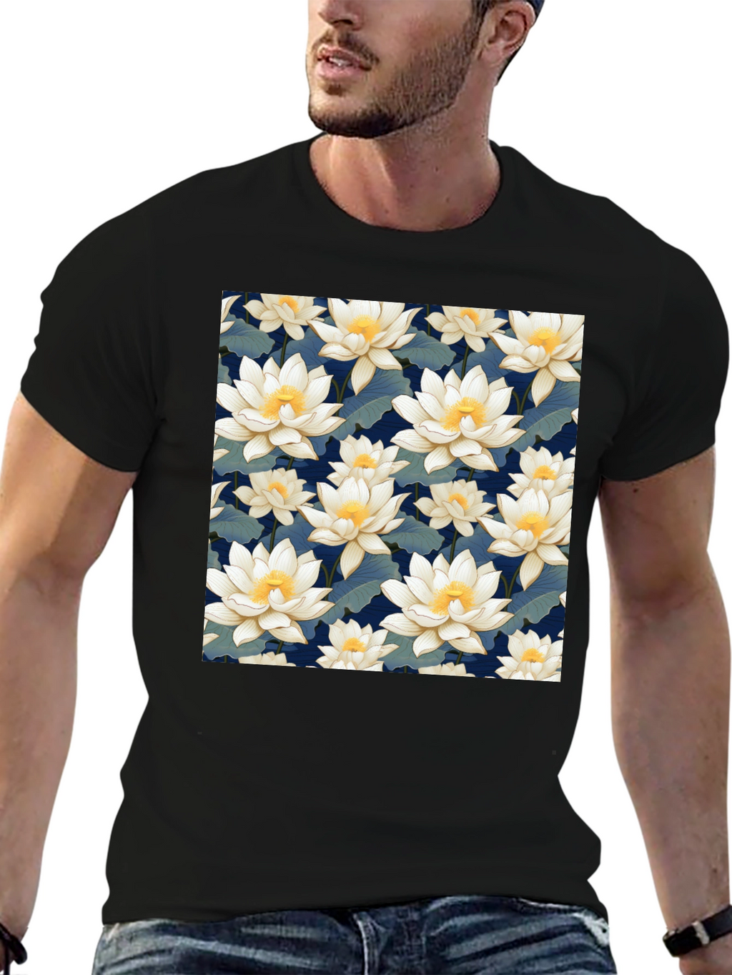 Floral Lotus Patterned Black T-Shirt