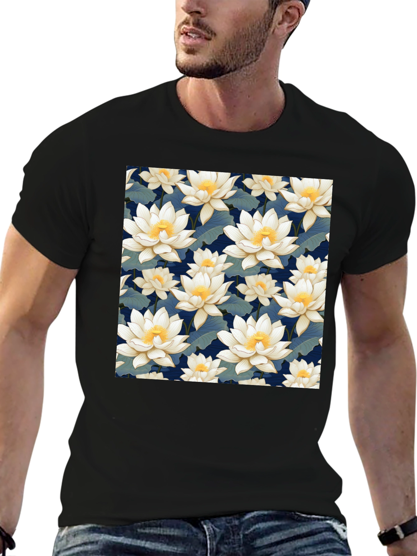 Floral Lotus Patterned Black T-Shirt