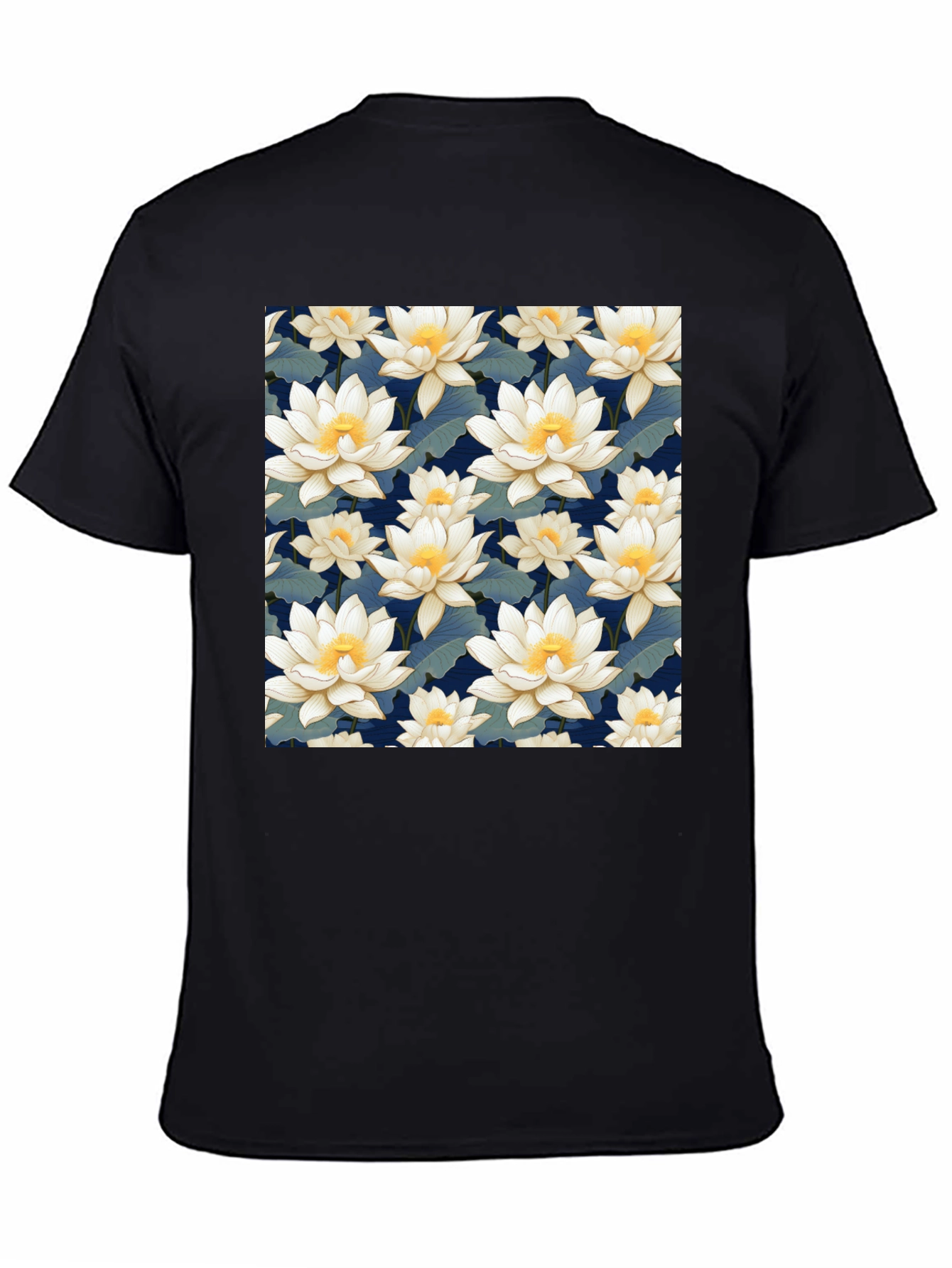 Floral Lotus Patterned Black T-Shirt