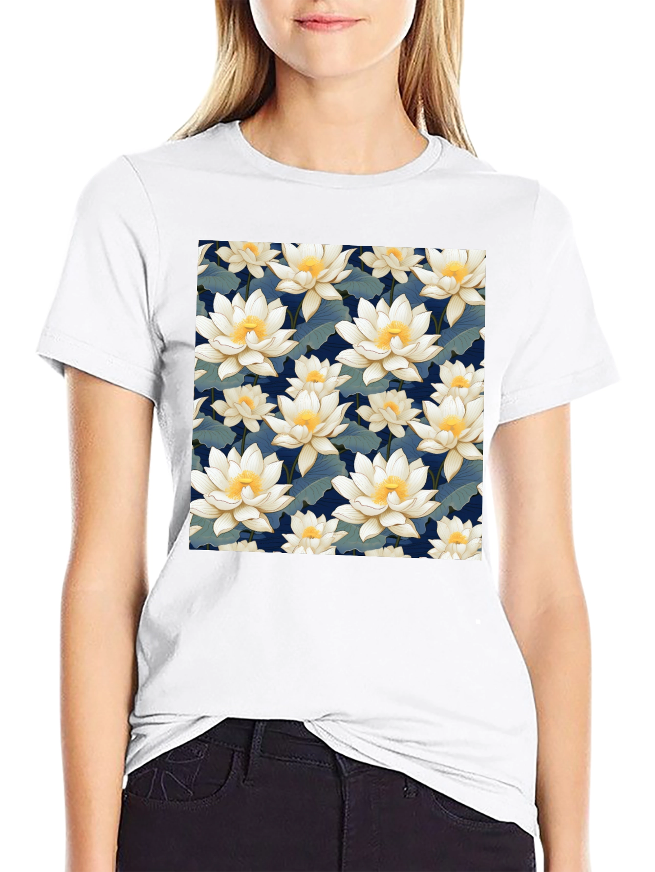 Floral Lotus Patterned Black T-Shirt