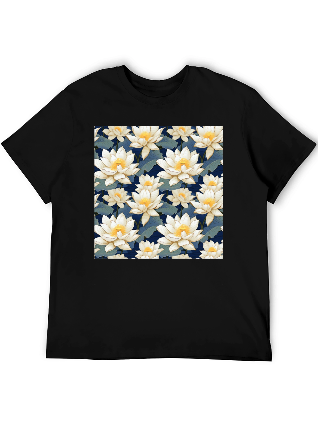 Floral Lotus Patterned Black T-Shirt