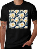 Floral Lotus Patterned Black T-Shirt