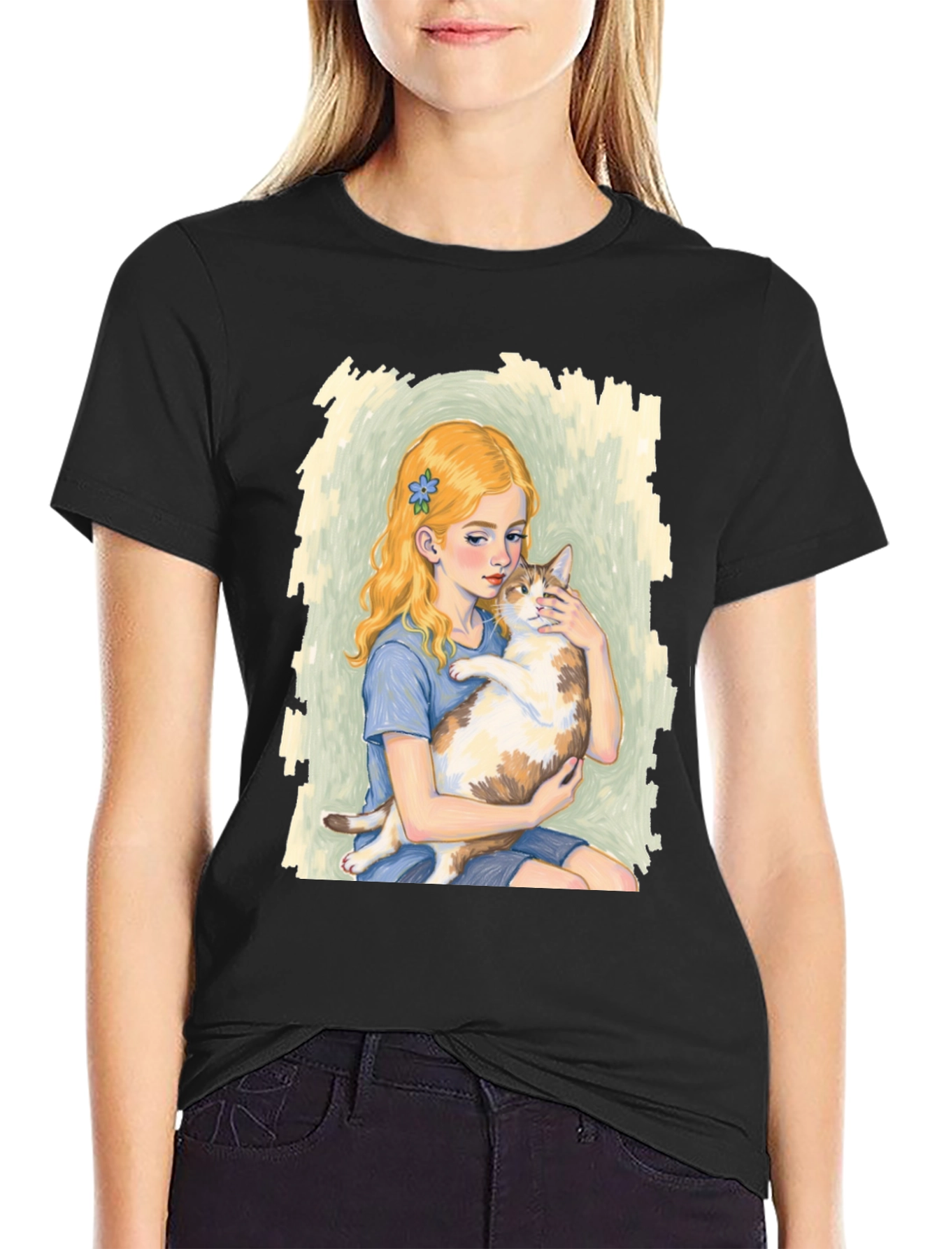 Girl and Cat Graphic T-Shirt - Unique Tee