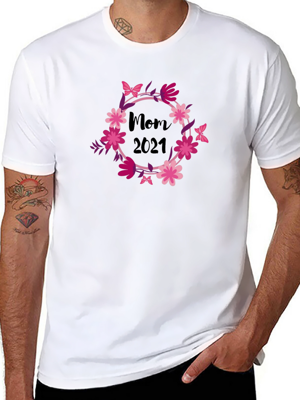 Mom 2021 Floral Wreath Black T-Shirt