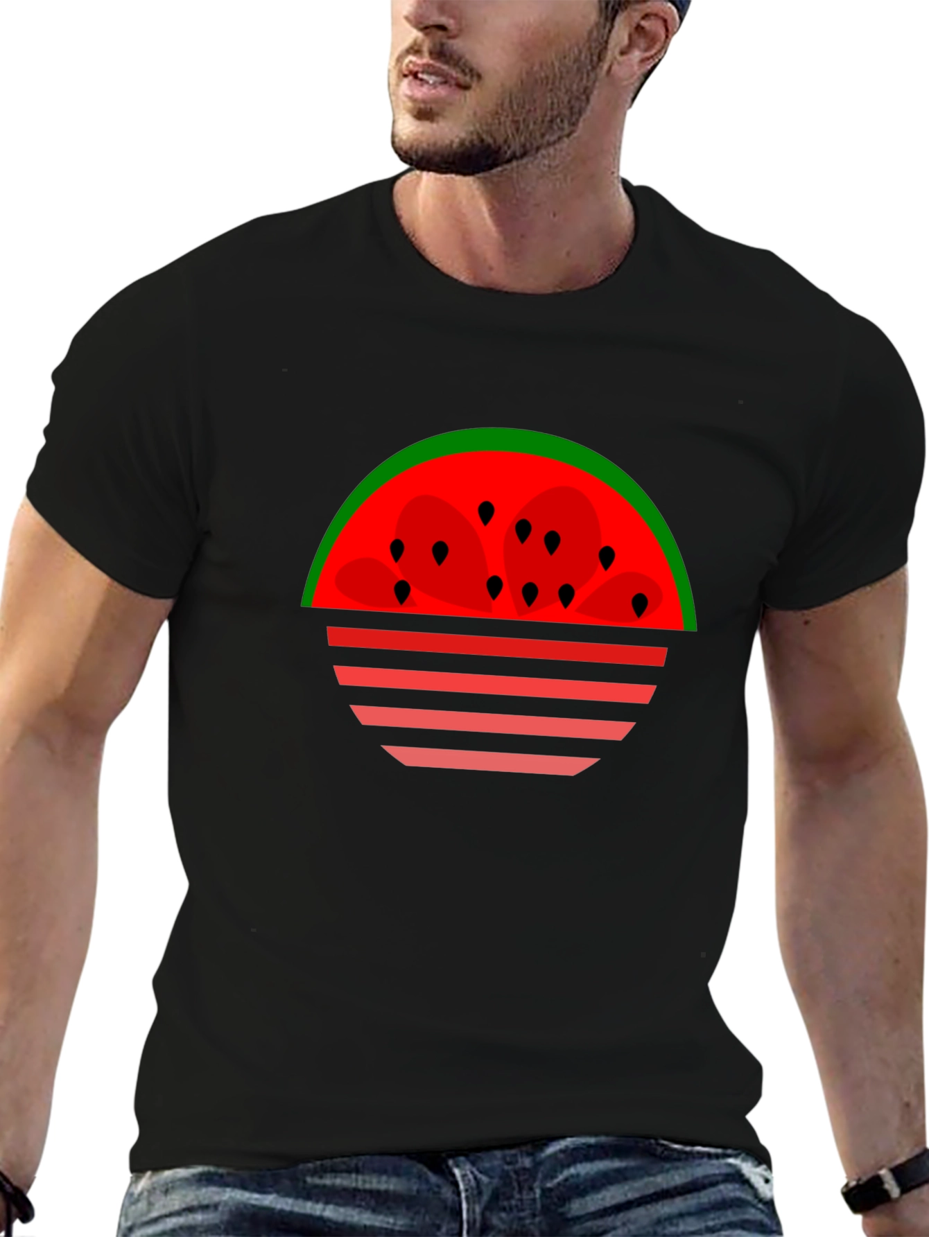 Watermelon Sunset Graphic Tee - Black Cotton T-Shirt
