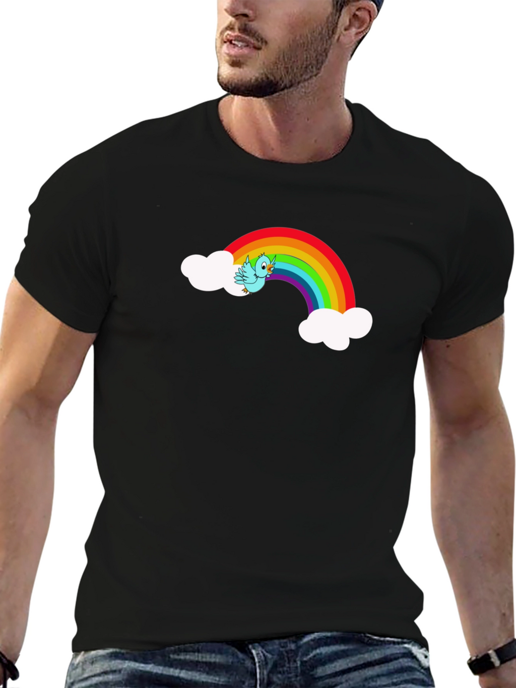 Rainbow Bird Graphic Black Tee Shirt