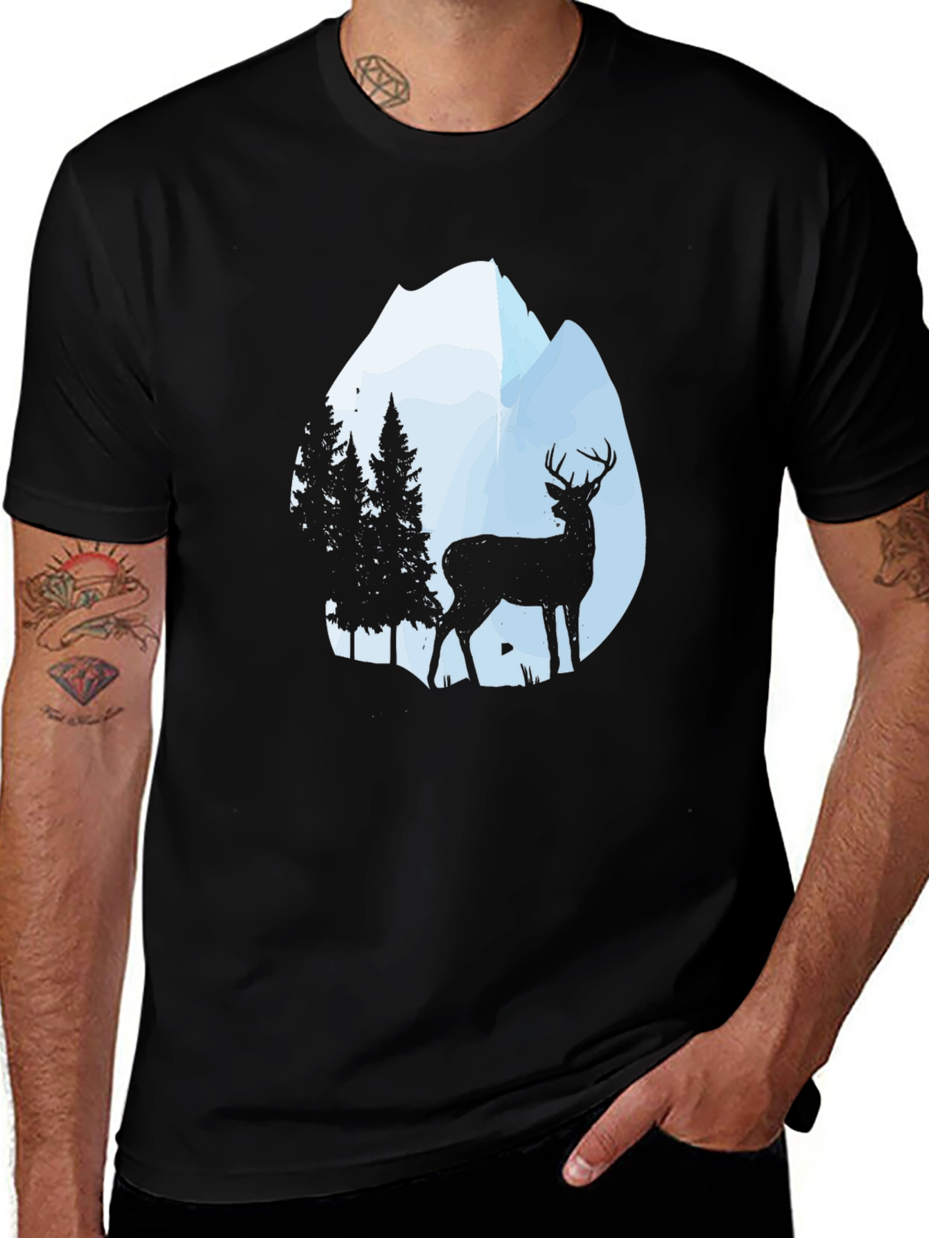 Nature Deer Mountain Black T-Shirt