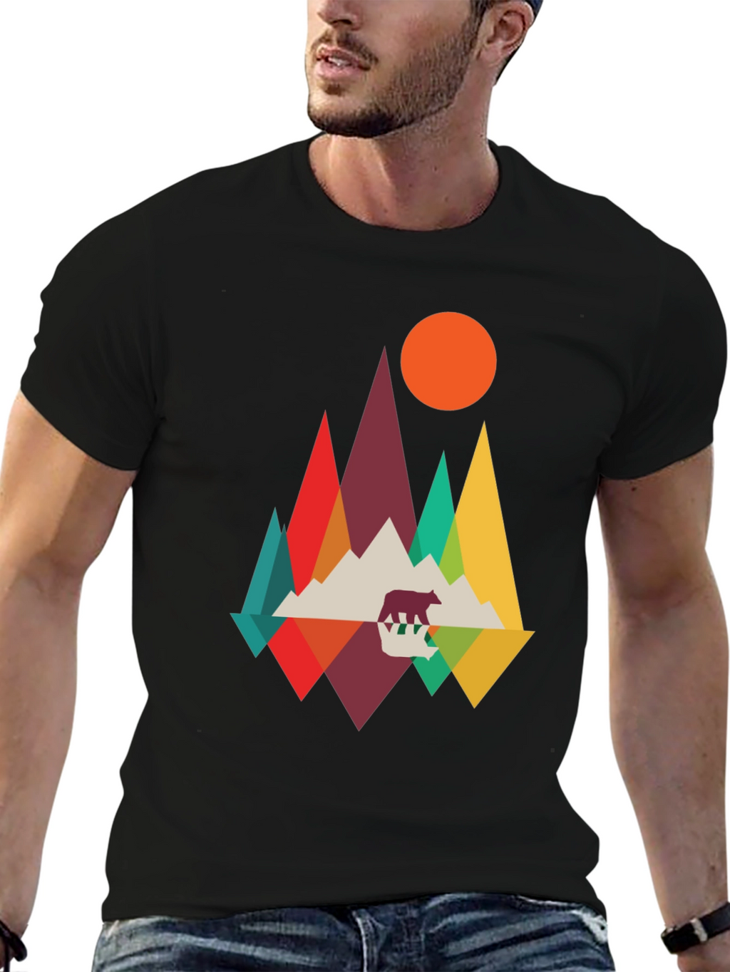 Geometric Mountain Bear T-Shirt - Nature Inspired Graphic Tee