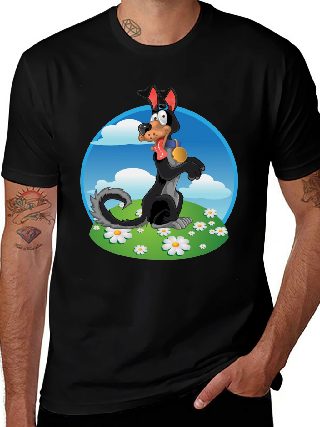 Cartoon Dog Graphic Tee - Black Cotton Blend