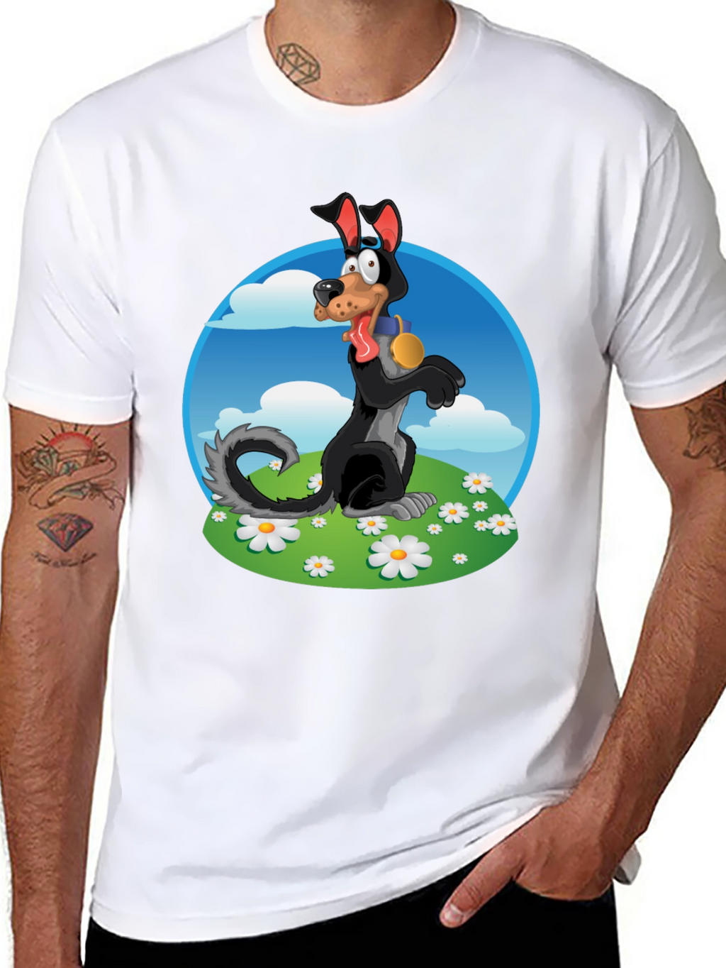 Cartoon Dog Graphic Tee - Black Cotton Blend