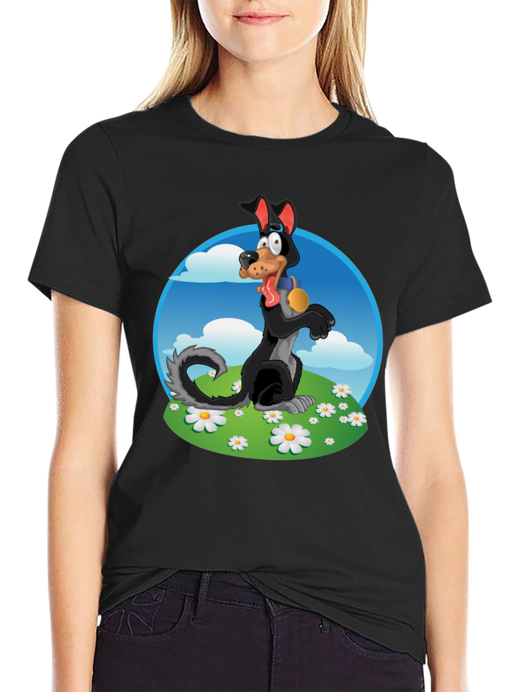 Cartoon Dog Graphic Tee - Black Cotton Blend