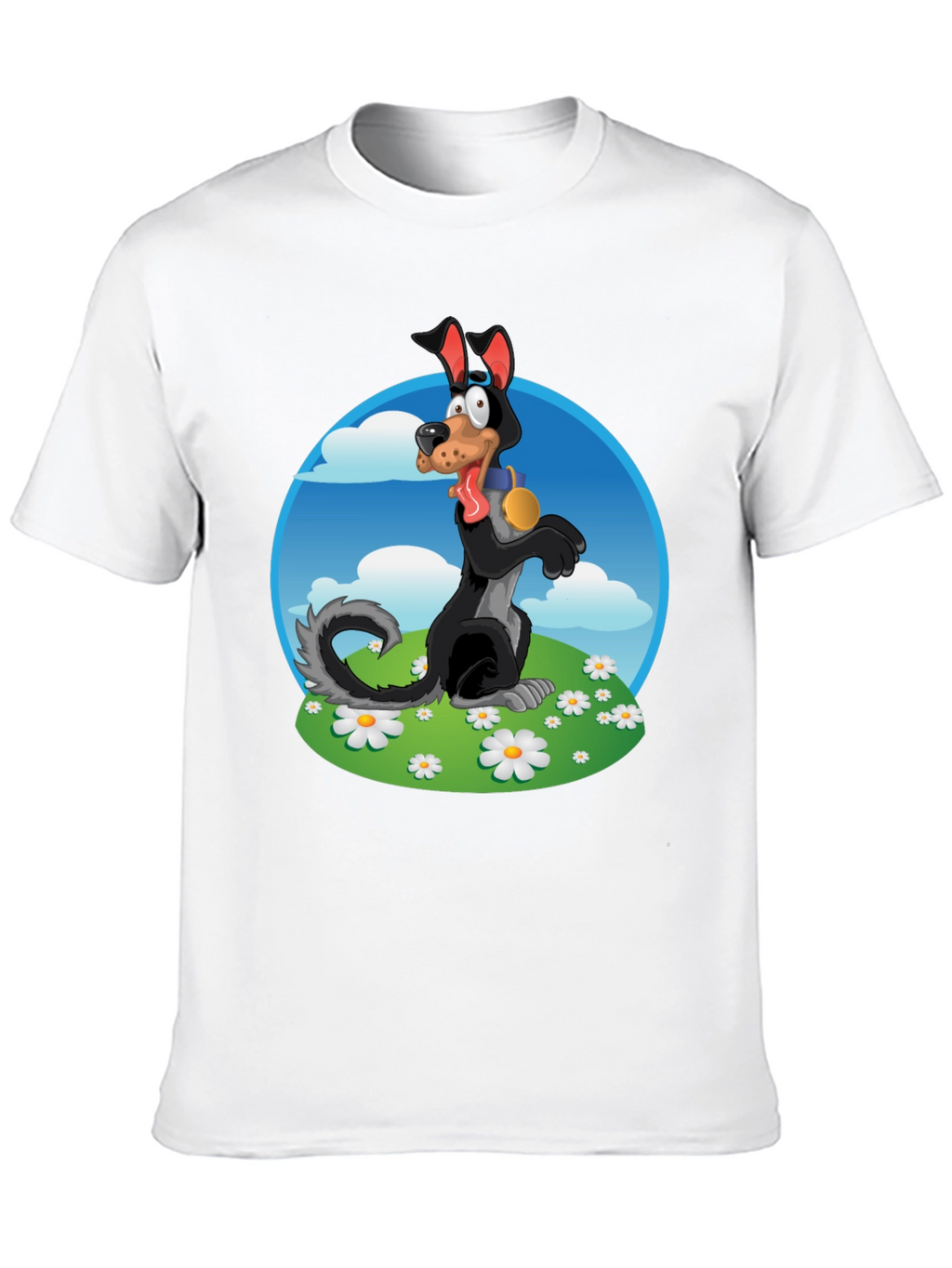 Cartoon Dog Graphic Tee - Black Cotton Blend