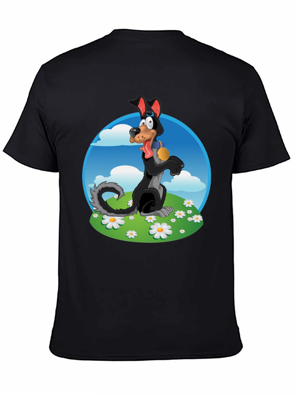 Cartoon Dog Graphic Tee - Black Cotton Blend
