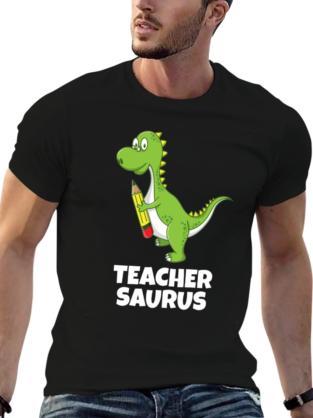 Teacher Saurus Dinosaur Graphic T-Shirt - Black