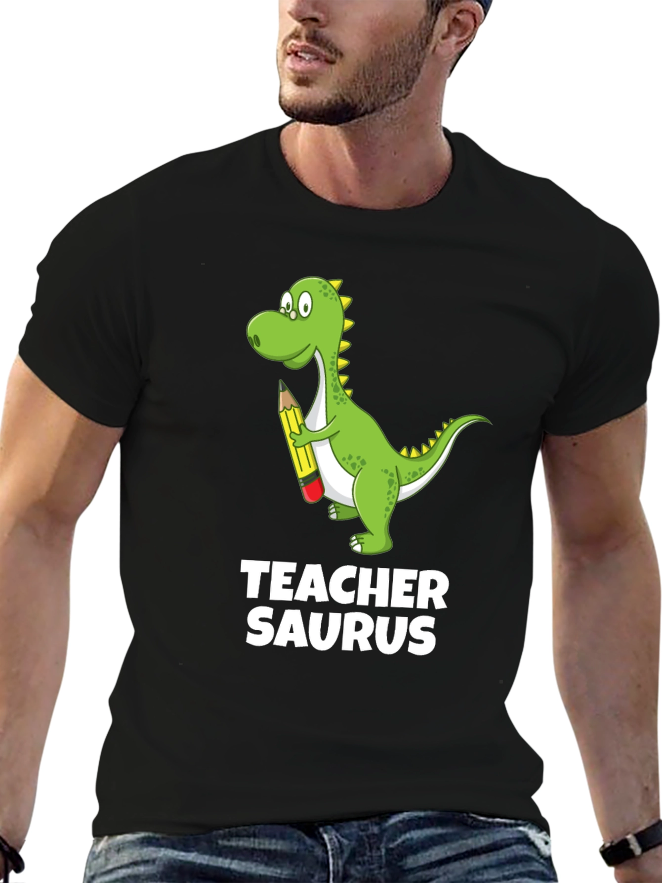 Teacher Saurus Dinosaur Graphic T-Shirt - Black