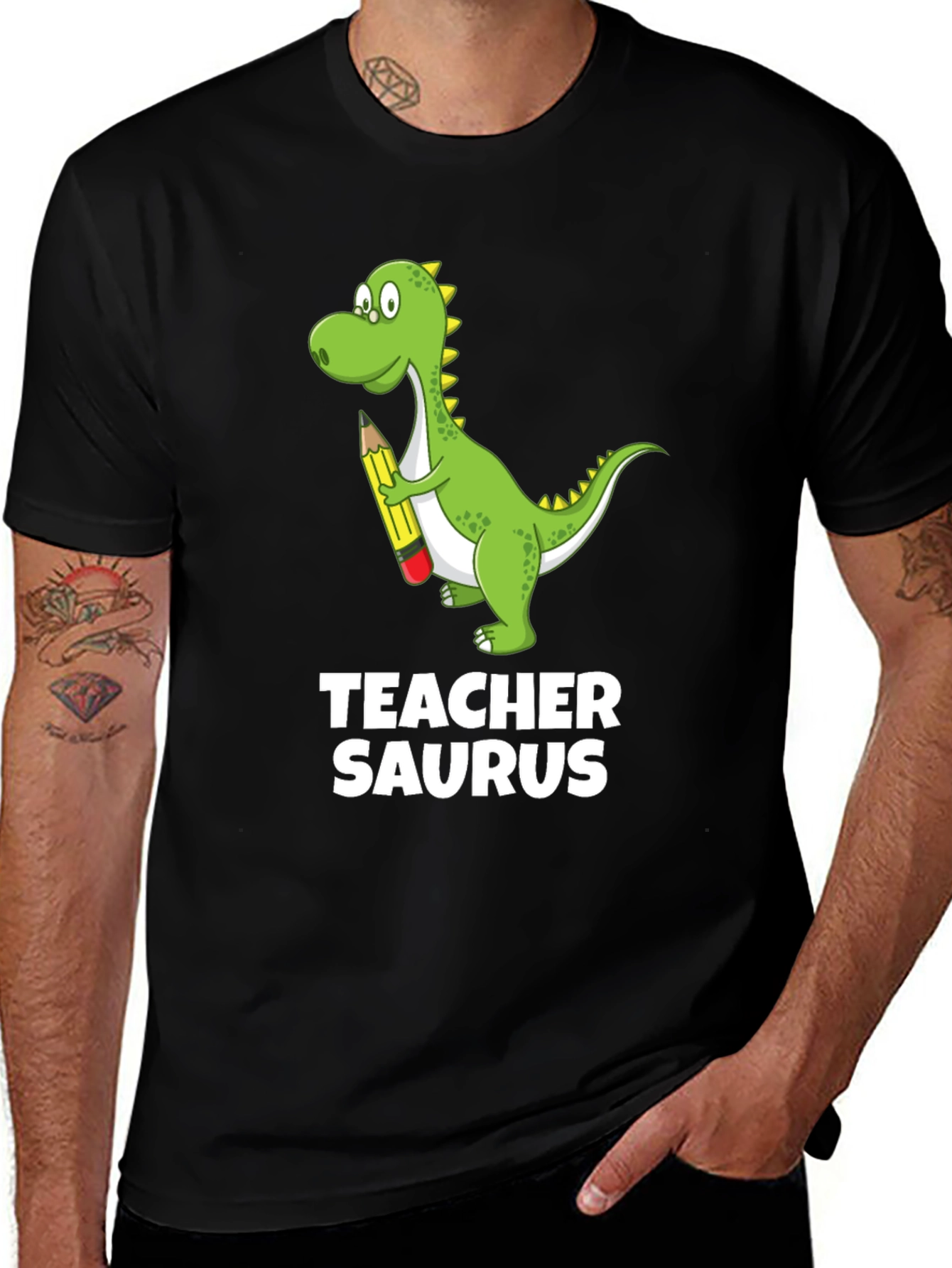Teacher Saurus Dinosaur Graphic T-Shirt - Black