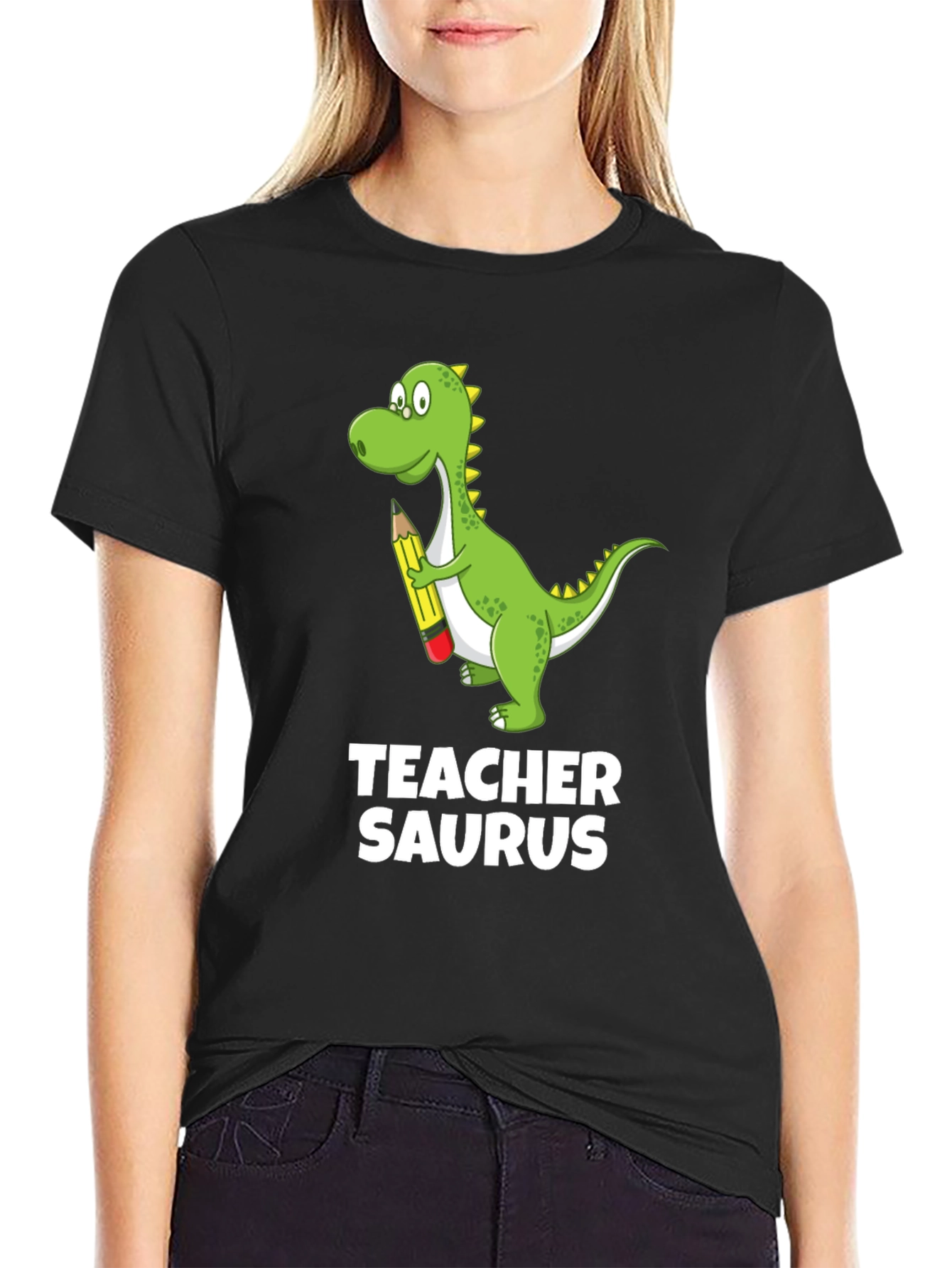 Teacher Saurus Dinosaur Graphic T-Shirt - Black