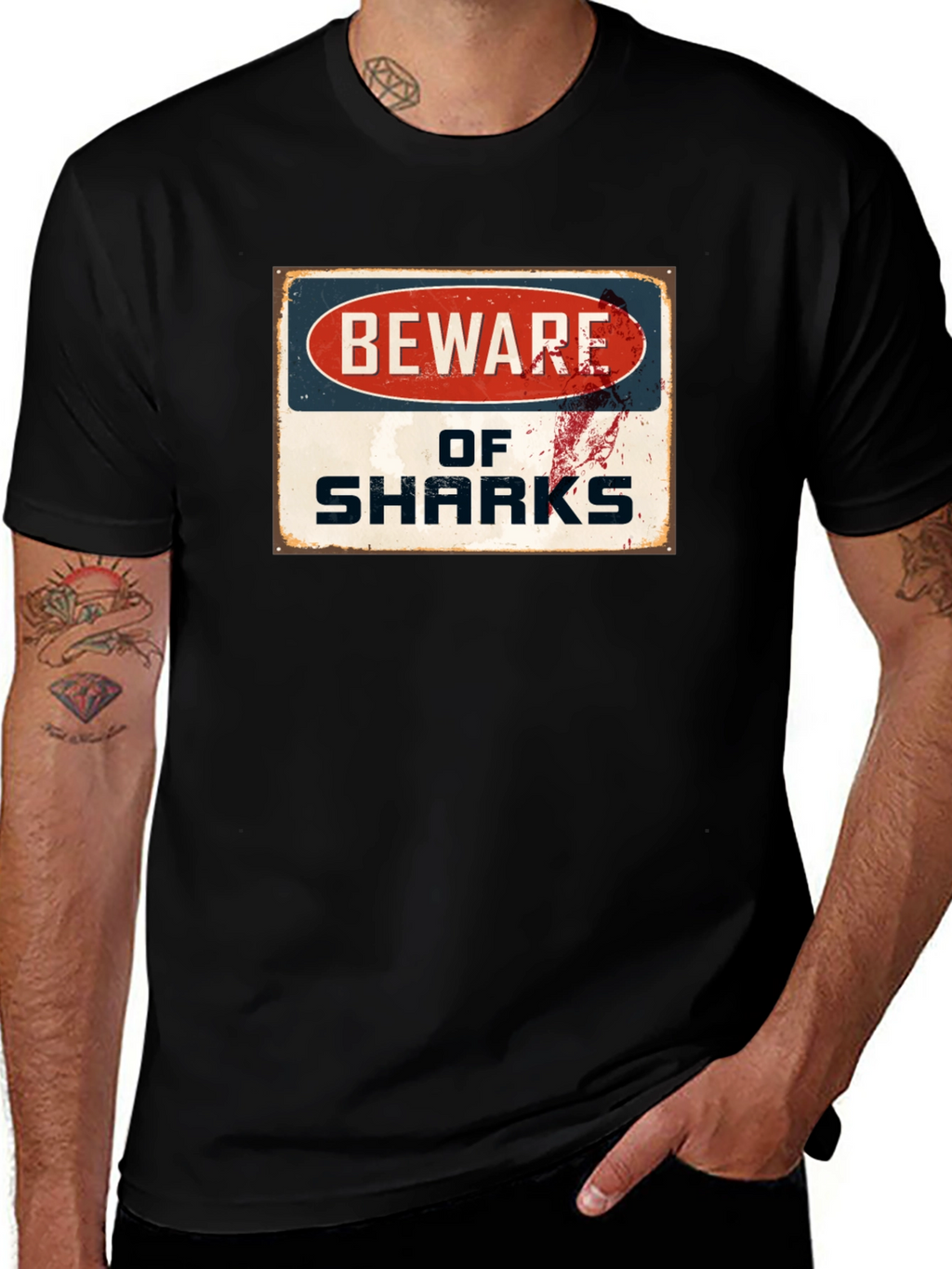 Beware of Sharks Graphic Tee - Black Cotton T-Shirt