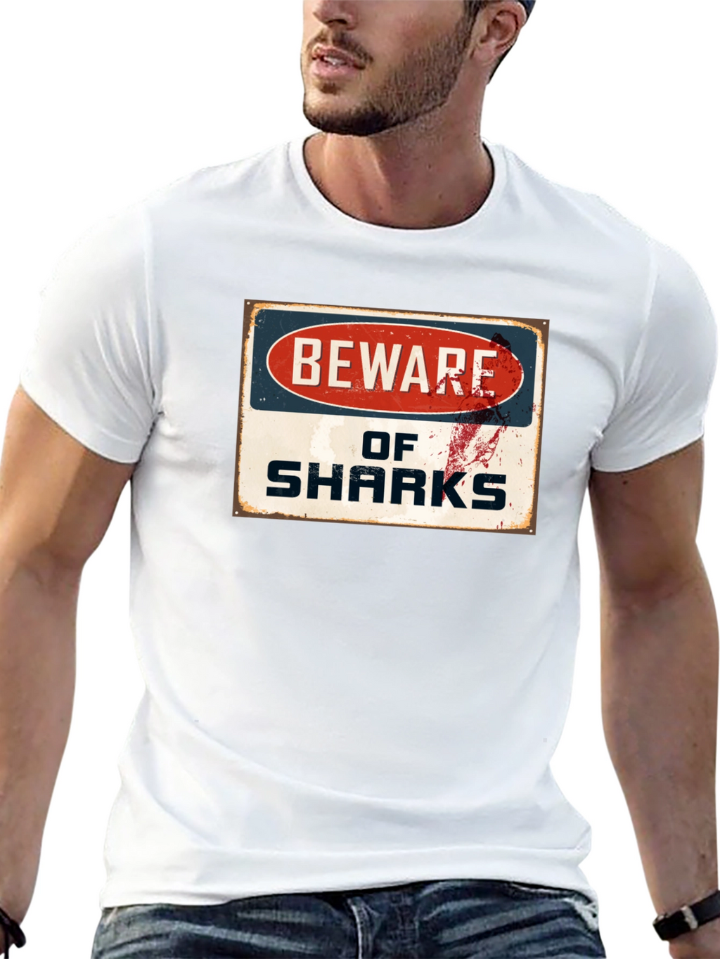Beware of Sharks Graphic Tee - Black Cotton T-Shirt