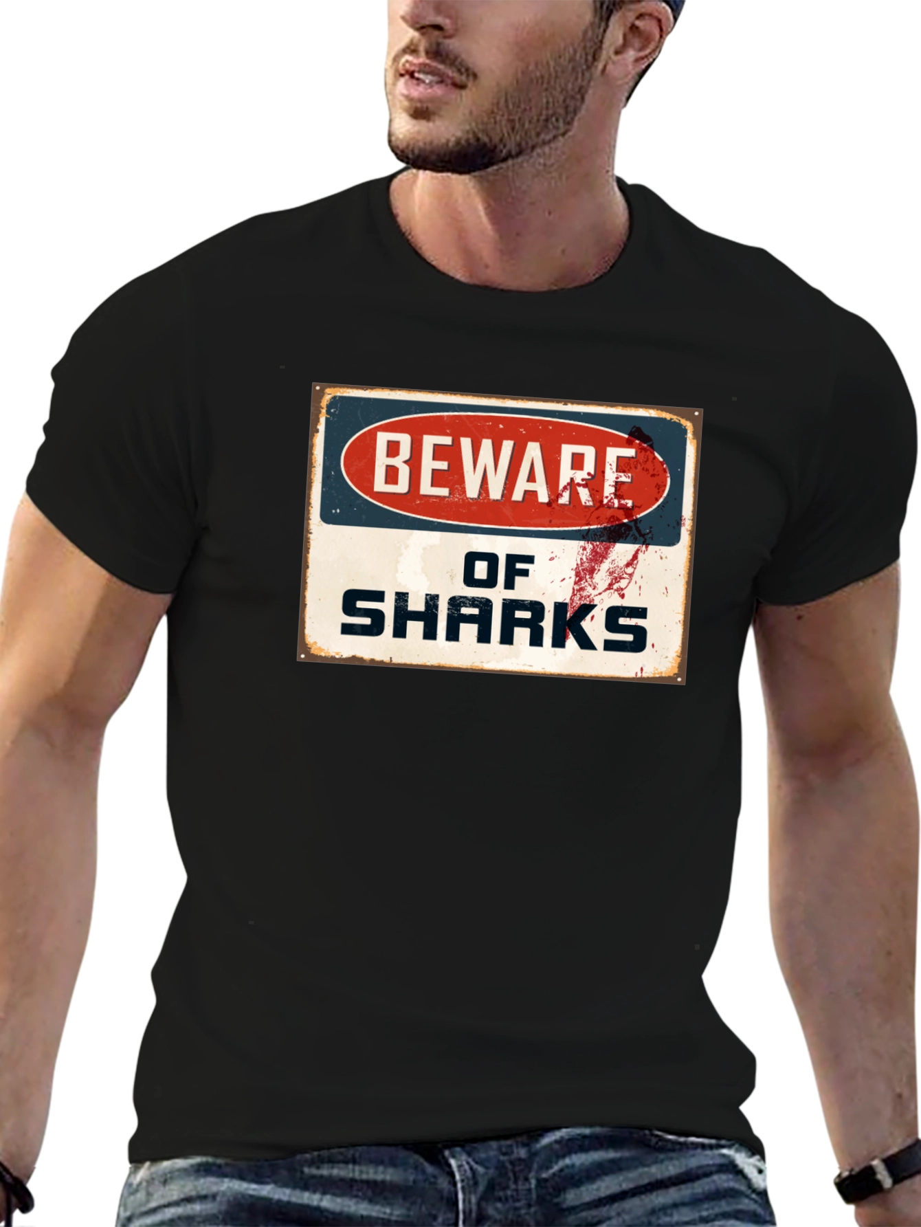 Beware of Sharks Graphic Tee - Black Cotton T-Shirt