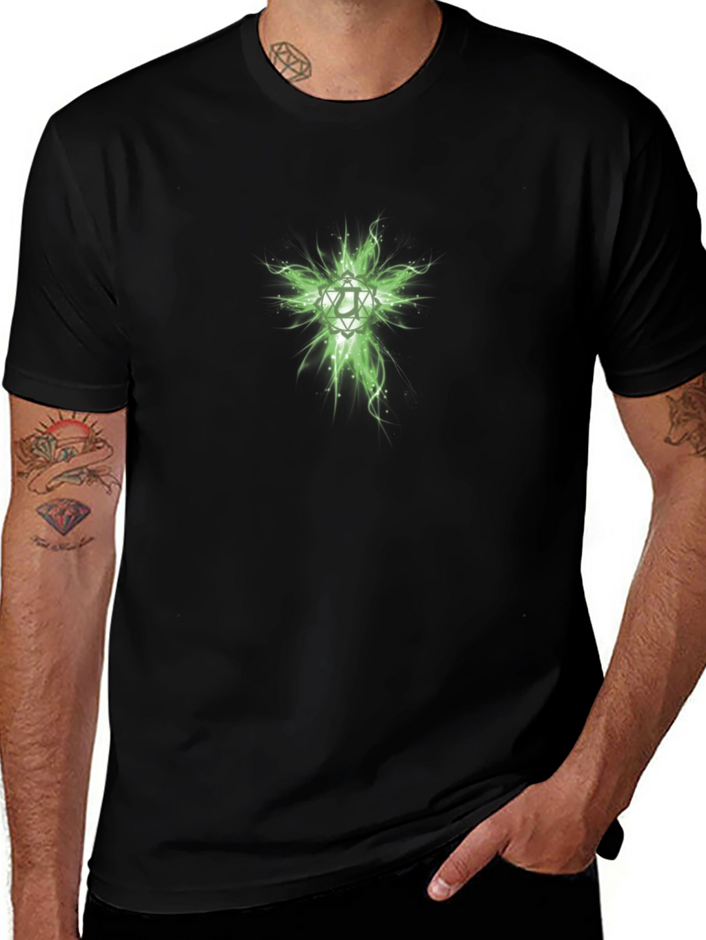 Mens Black T-Shirt with Green Geometric Design