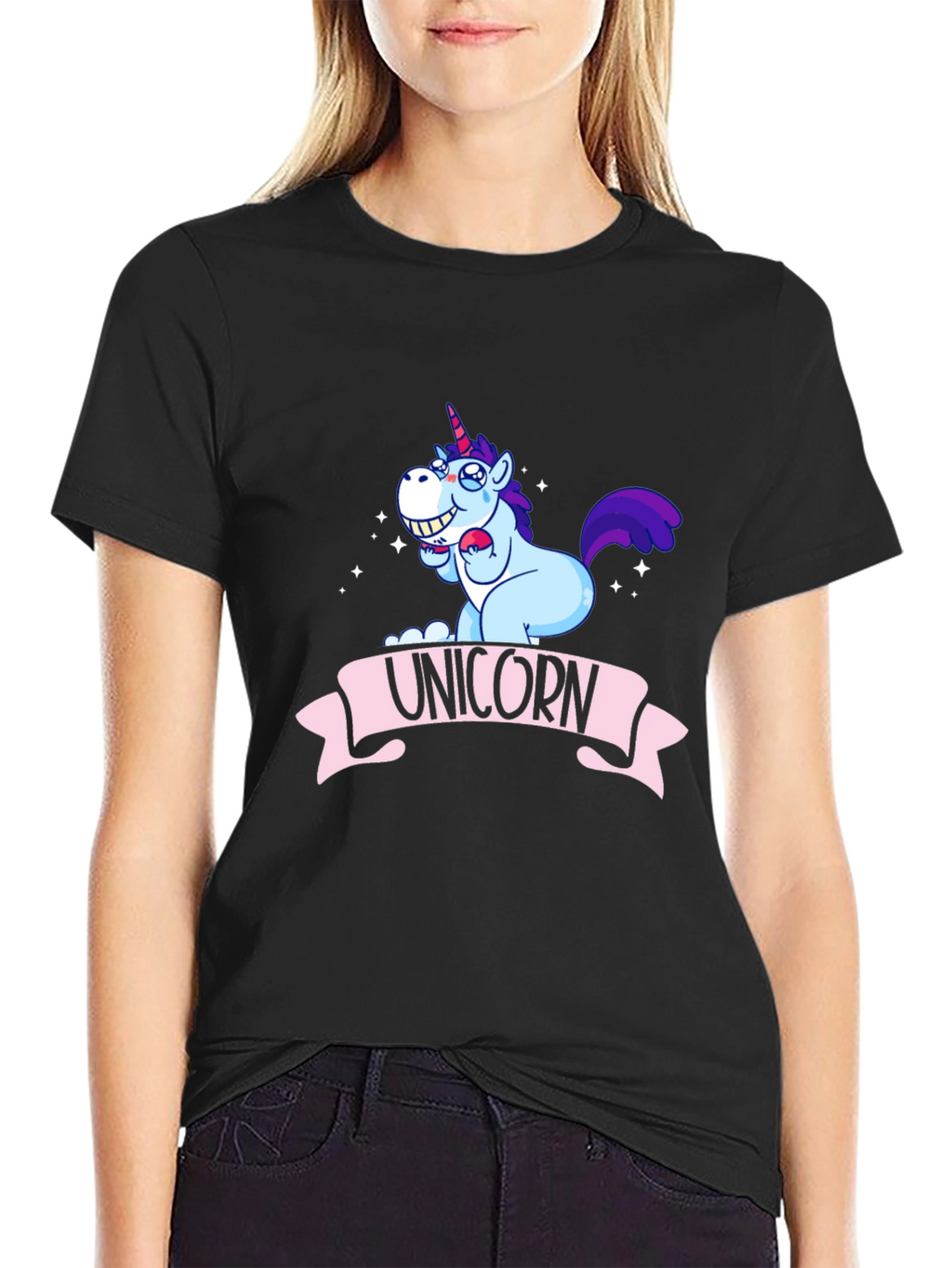 Unicorn Cartoon Graphic Black T-Shirt