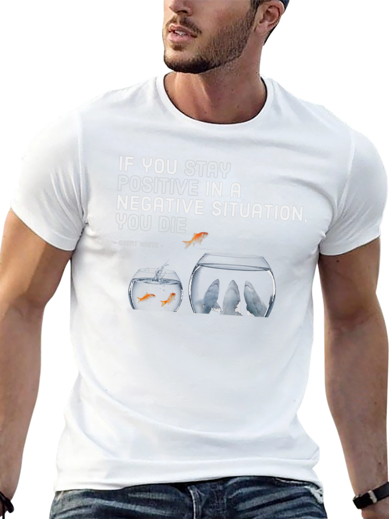 Motivational Fishbowl Graphic Tee - Stay Positive T-Shirt