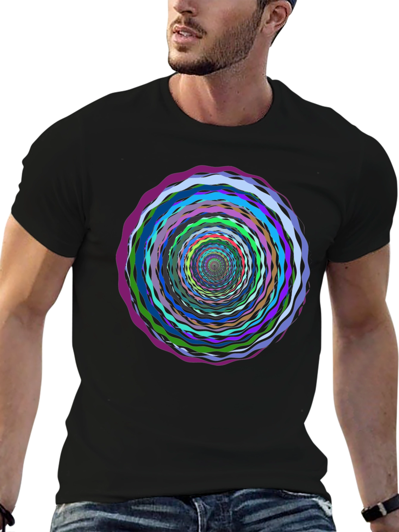 Vortex Circle Black T-Shirt - Artistic Psychedelic Design
