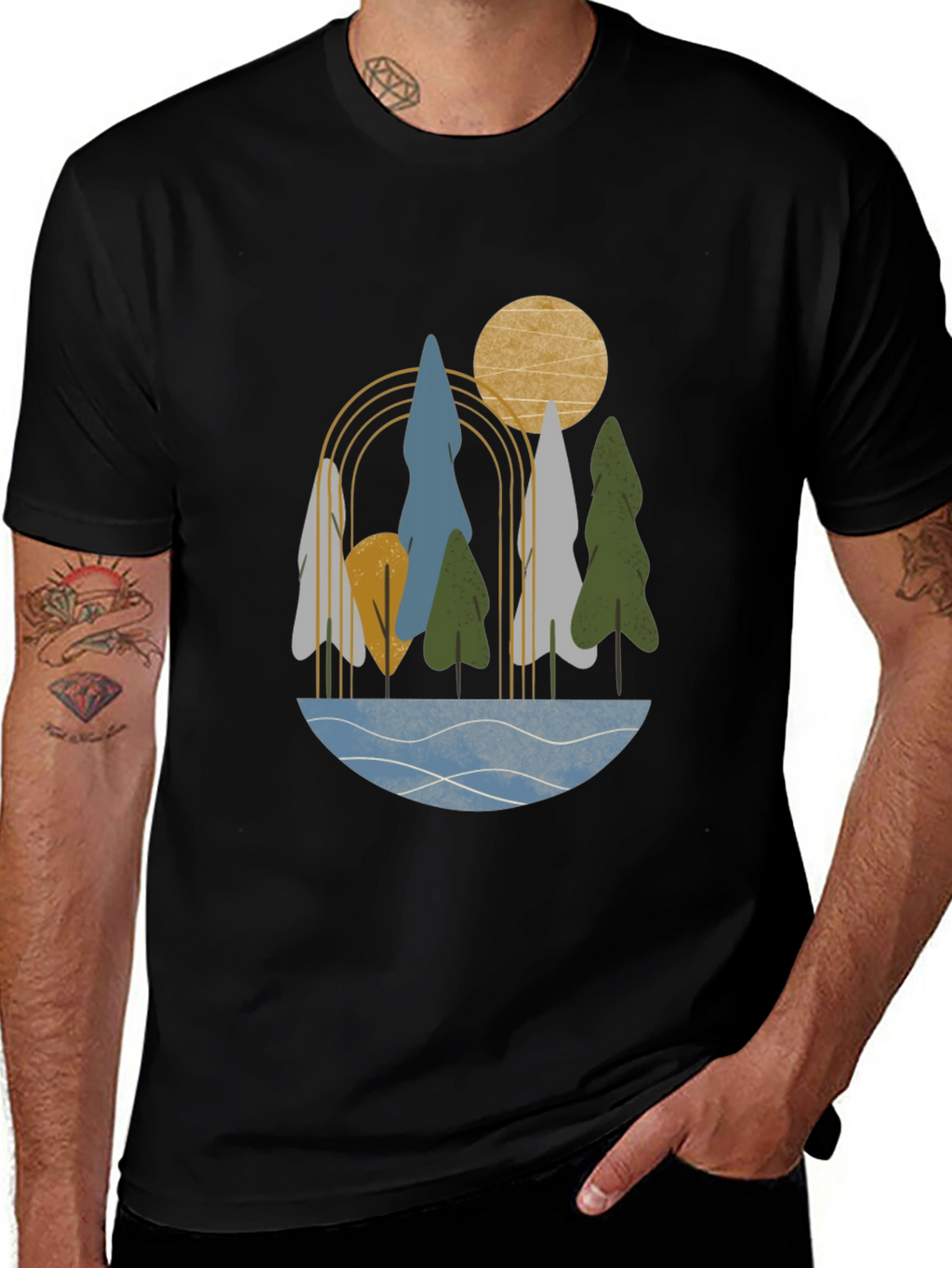Abstract Landscape Print Black T-Shirt