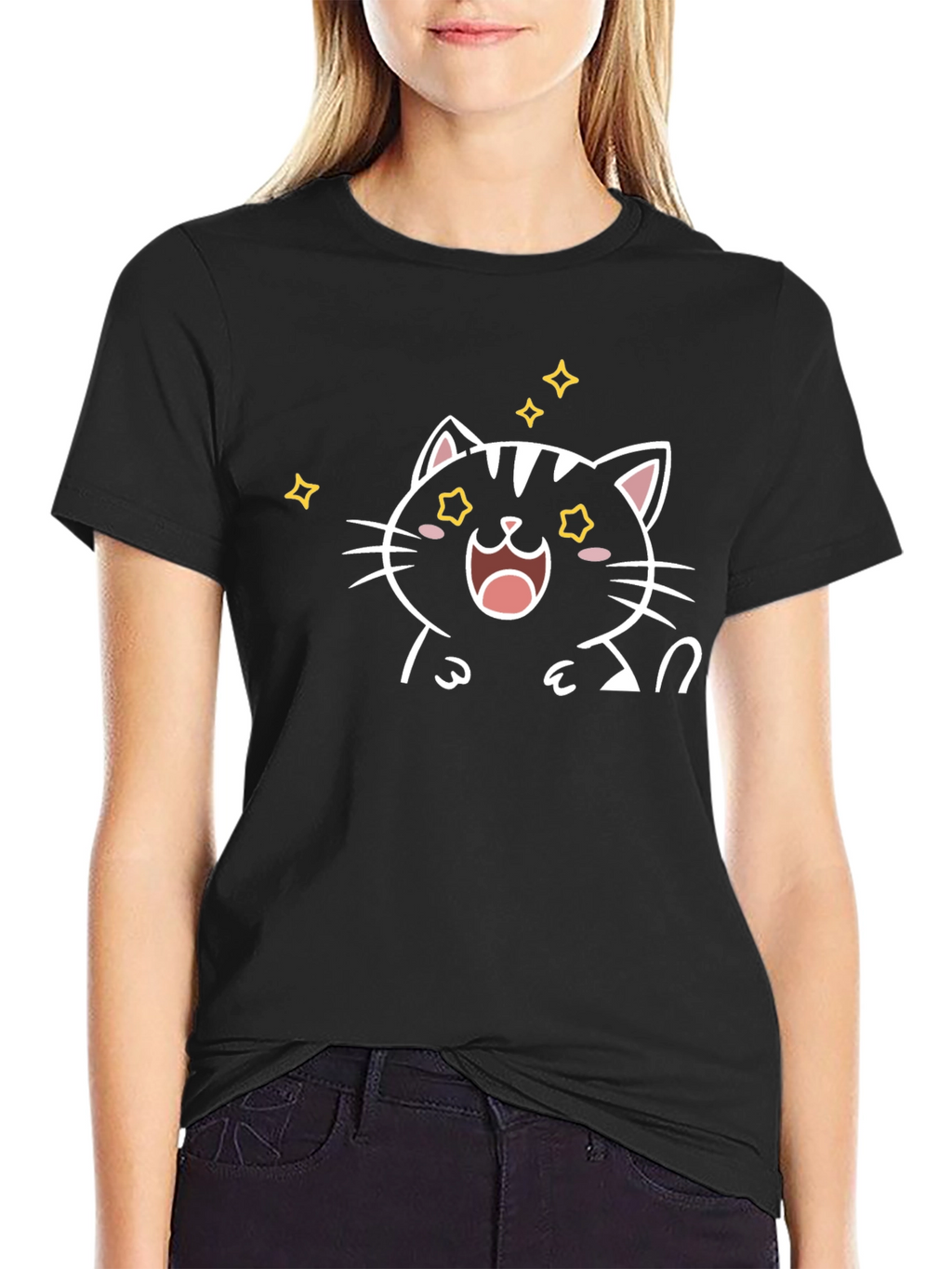 Cute Cartoon Cat T-Shirt - Black