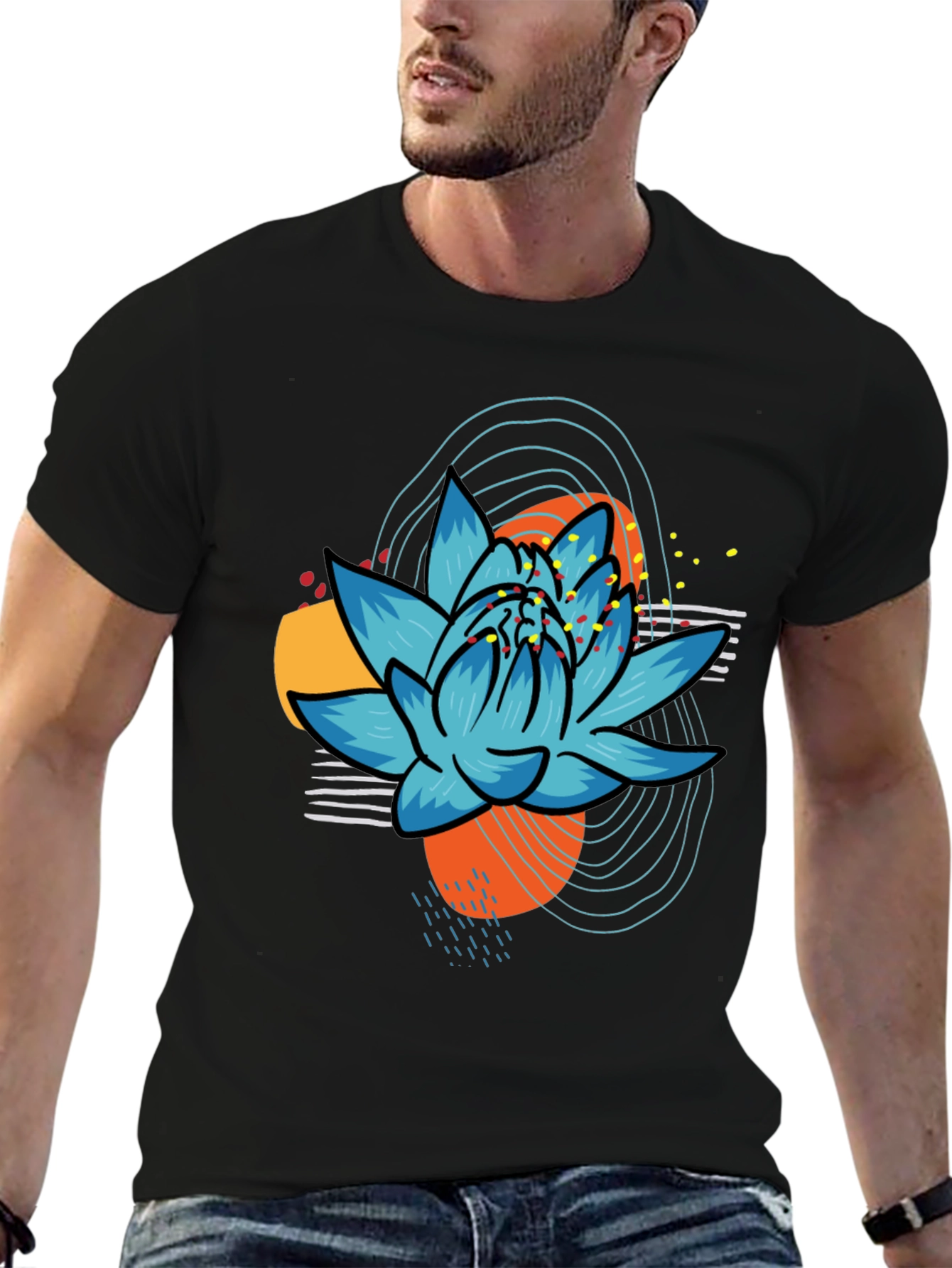 Abstract Lotus Graphic Tee - Black