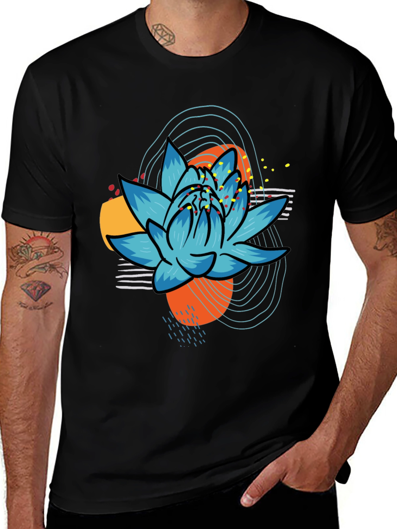 Abstract Lotus Graphic Tee - Black