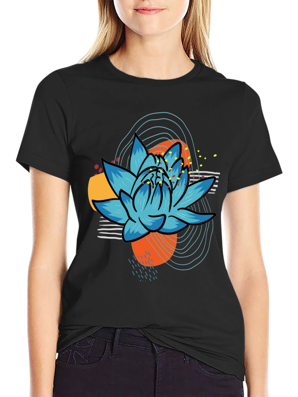 Abstract Lotus Graphic Tee - Black