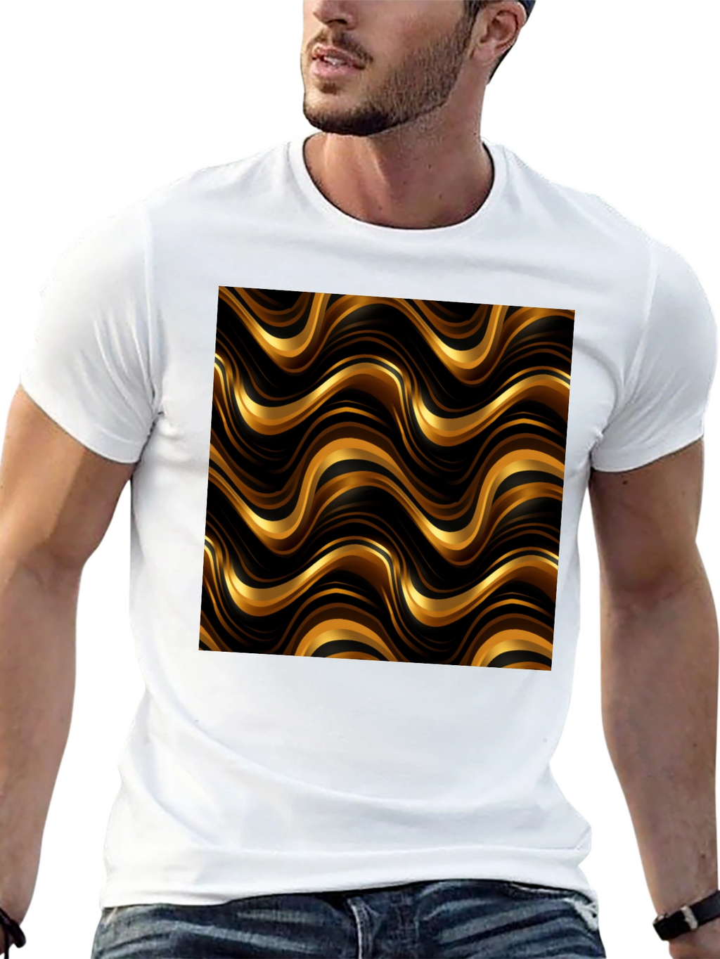 Gold Wave Pattern Black T-Shirt